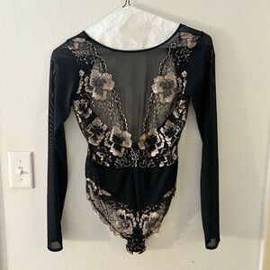Black and Beige Floral Lace Bodysuit